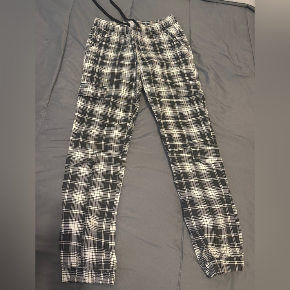 Women's Pants "Love Love Love" Square Pattern Black & Beige Size S With Pockets